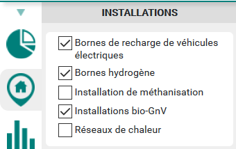 Liste d'équipements, d'installations ou de POI disponibles.
