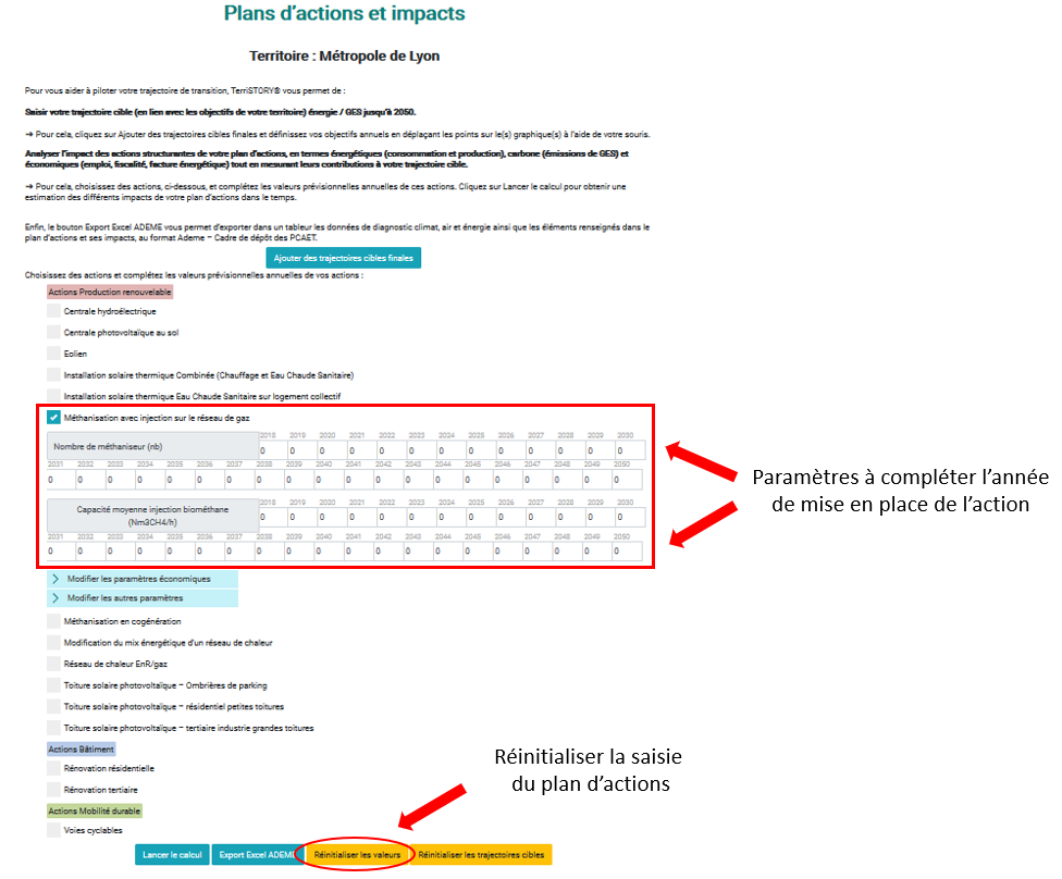 Remplissage des paramètres d'une action