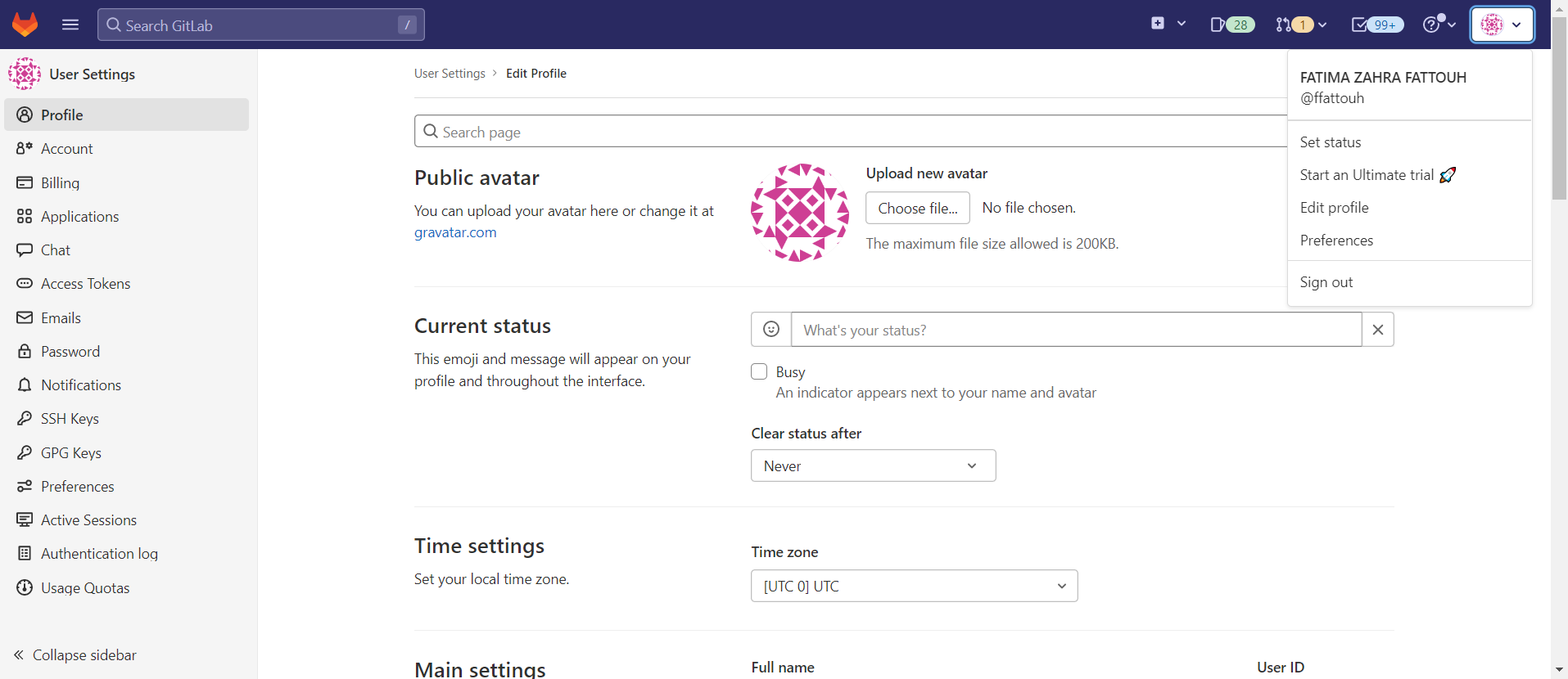Page de configuration de profil