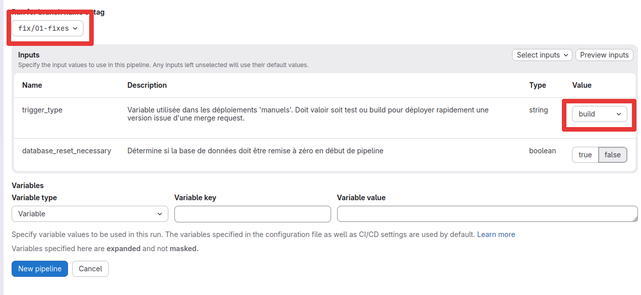 Choix de la branche à déployer (bien choisir build dans le type de déploiement).